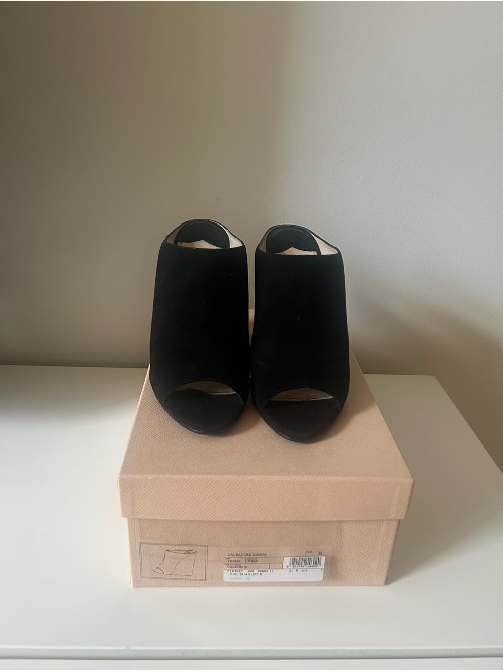 Prada Black Suede Peep-Toe Wedge Mules